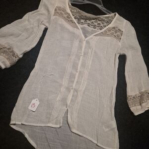 Maurices Cream Lace-Accent Button Front Blouse